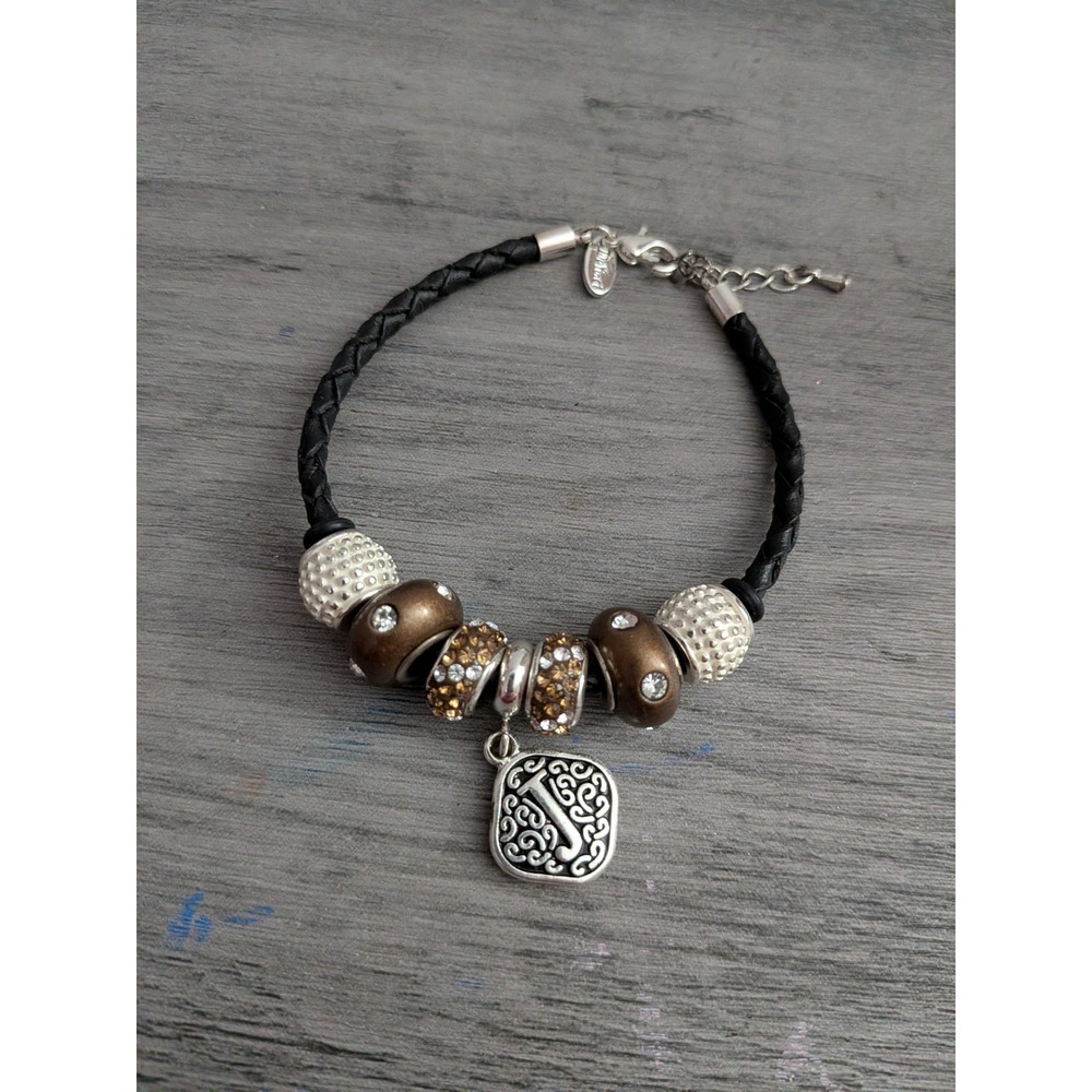 Davinci Black Braided Leather Charm Bracelet Initial J Crystal Beads Silver Tone